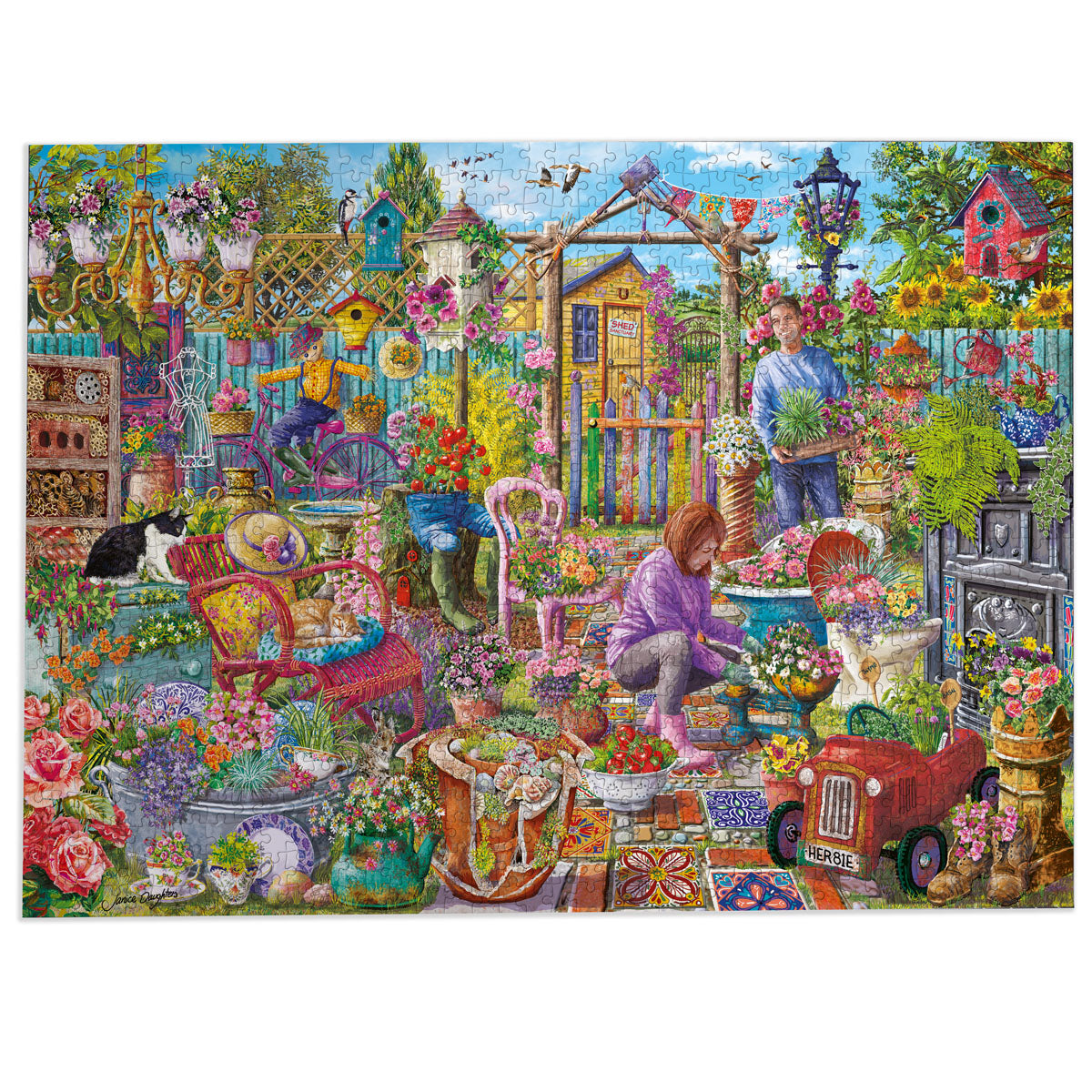 Colorful garden scene with people, animals, and various elements in a detailed and vibrant setting.