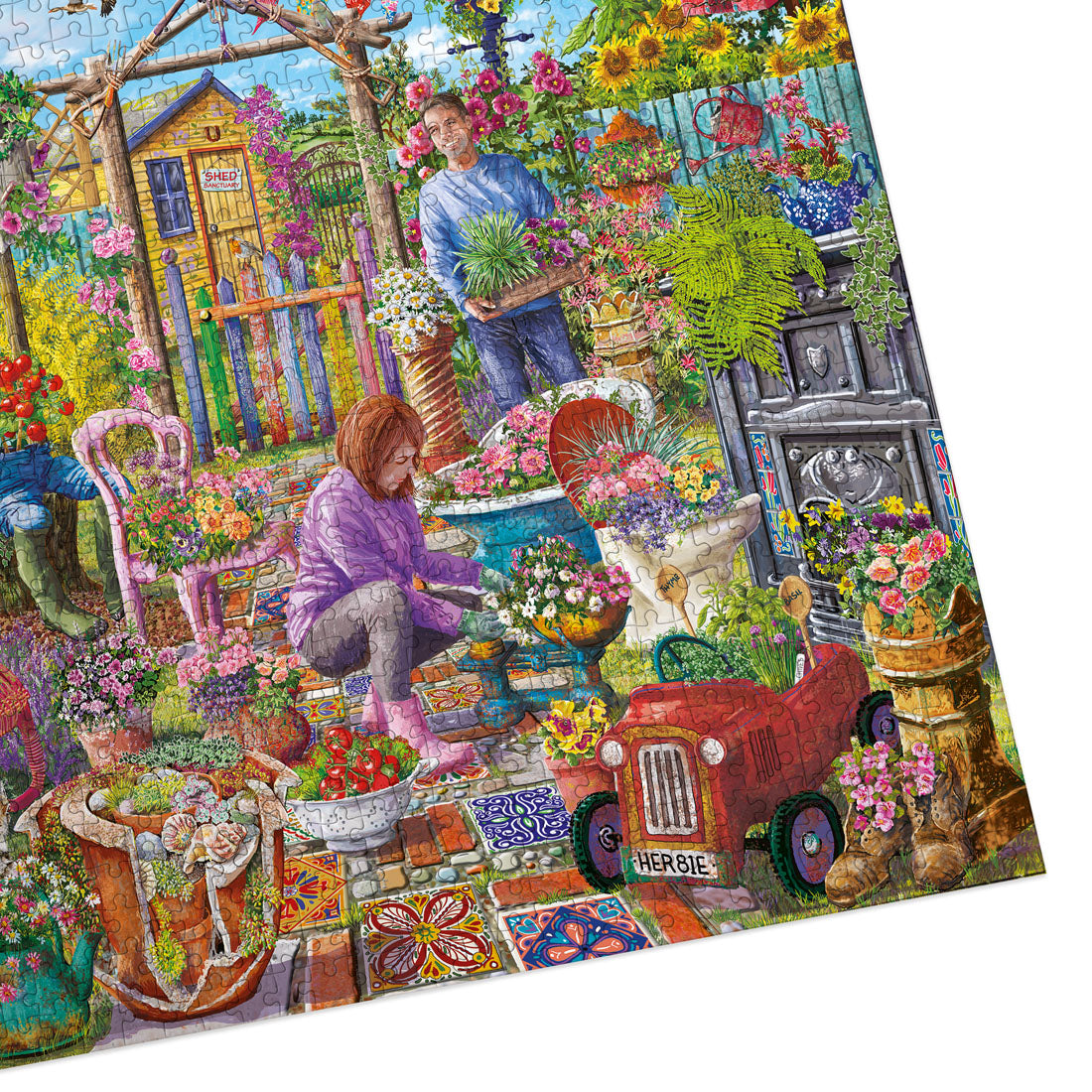 Garden-themed puzzle with people and a red car in a colorful garden setting