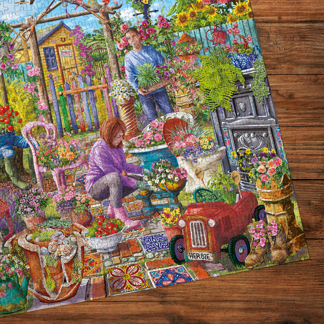 Garden-themed puzzle with people and a red car on a wooden surface