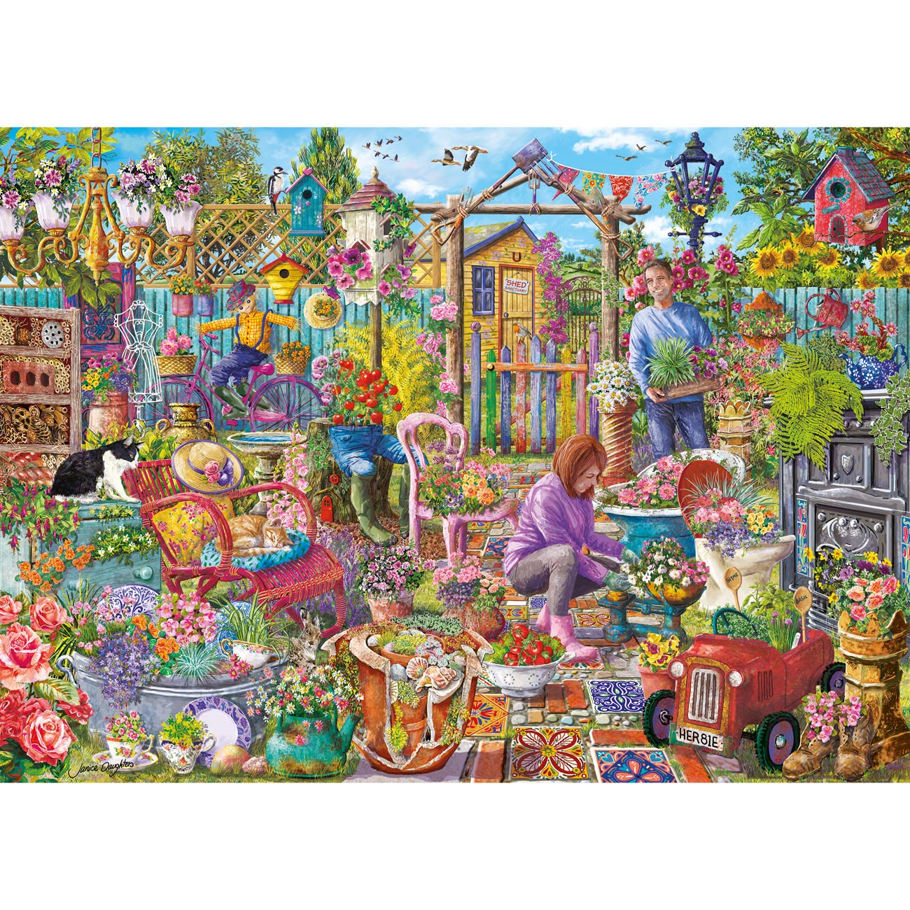 Colorful garden scene with people, animals, and various elements