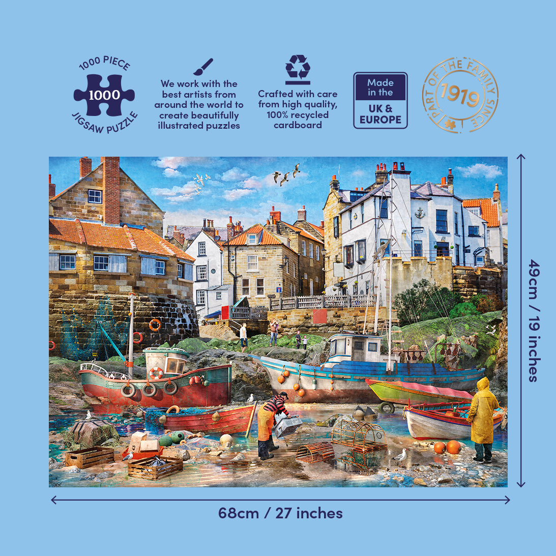 A 1000-piece jigsaw puzzle box featuring an illustrated coastal harbour scene with boats, fishermen, and colourful buildings. The box is shown on a light blue background with size markings of 68cm by 43cm and product feature icons at the top.