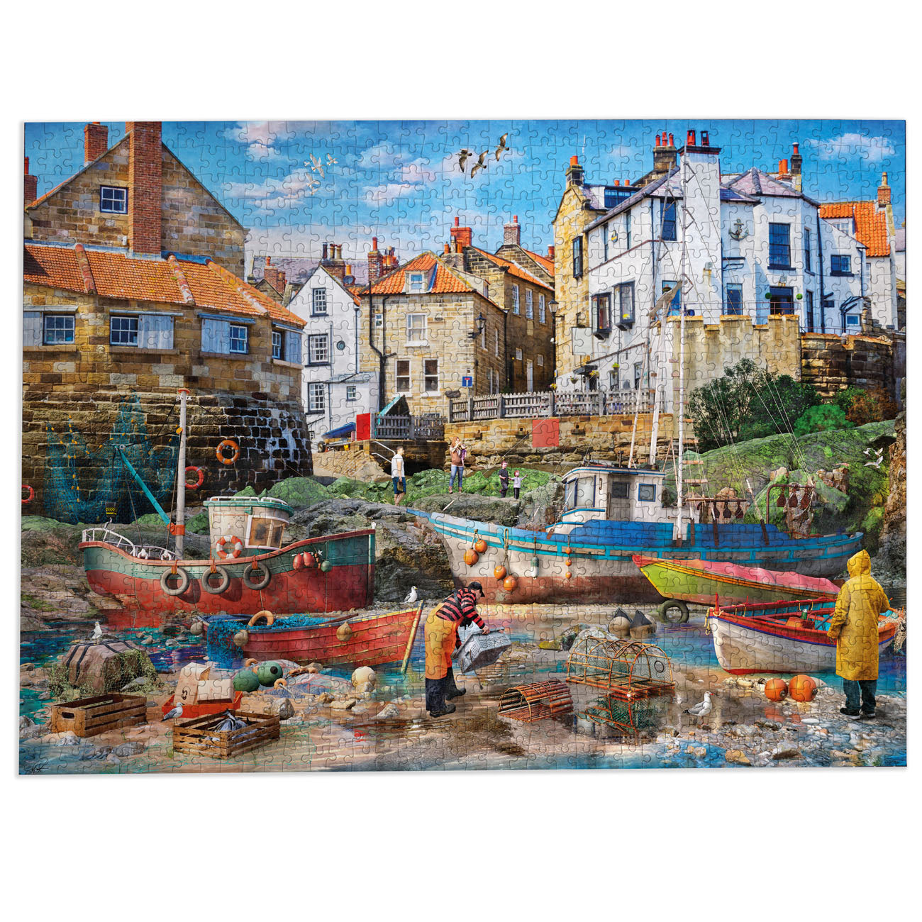 Fishing village scene with boats and people on a puzzle