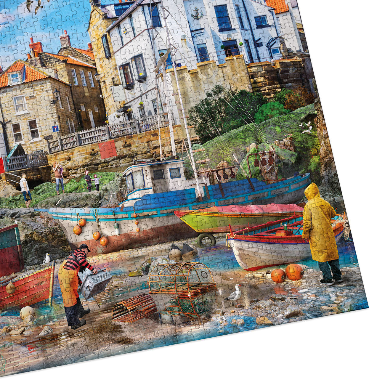 Jigsaw puzzle with a coastal scene featuring boats and people.