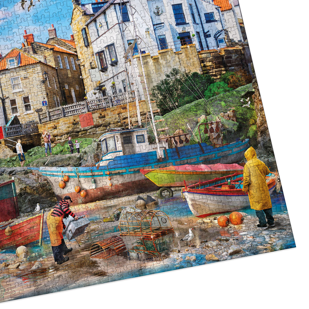 Jigsaw puzzle with a coastal scene featuring boats and people.