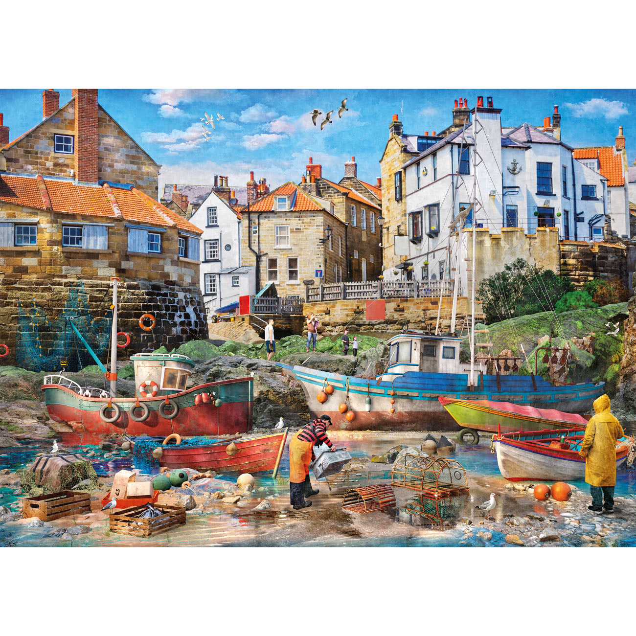 Harbor scene with boats, buildings, and people in a coastal village.