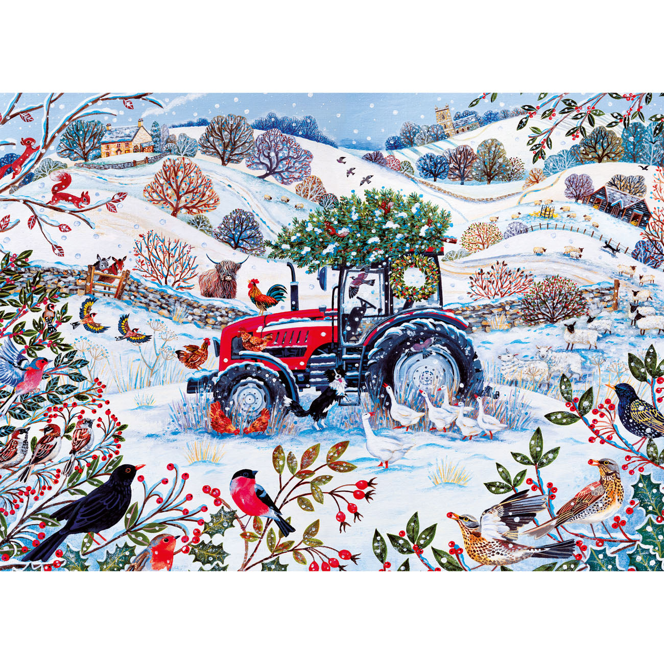 Winter scene with a red tractor, birds, and festive elements on a snowy landscape.