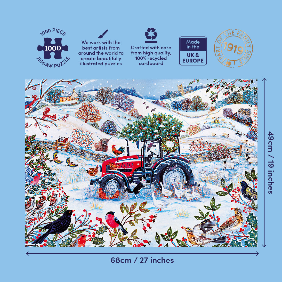 Jigsaw puzzle with a winter scene featuring a tractor, birds, and trees on a wooden surface with puzzle measurements.