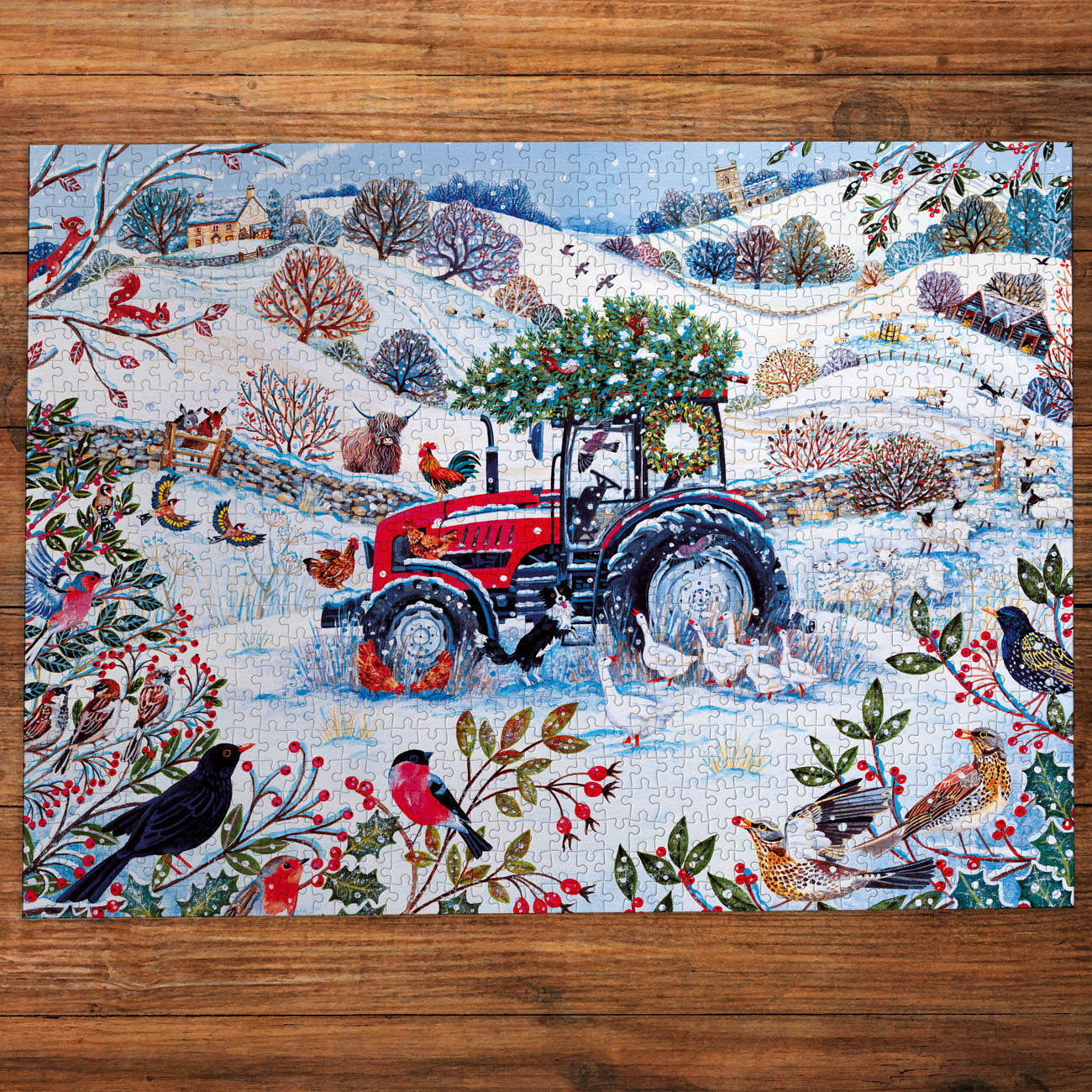 Jigsaw puzzle with a winter scene featuring a red tractor, birds, and trees on a wooden surface.