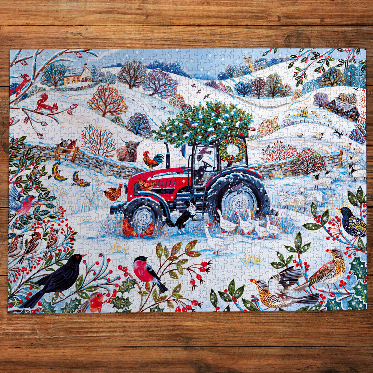 Jigsaw puzzle with a winter scene featuring a red tractor, birds, and trees on a wooden surface.