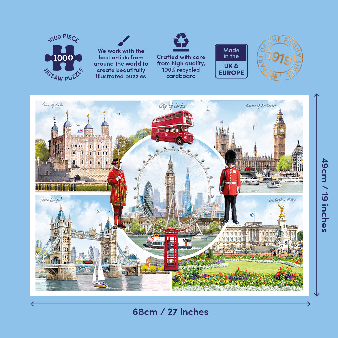 A 1000-piece jigsaw puzzle featuring London landmarks and scenes, shown with its packaging details and dimensions on a light blue background.