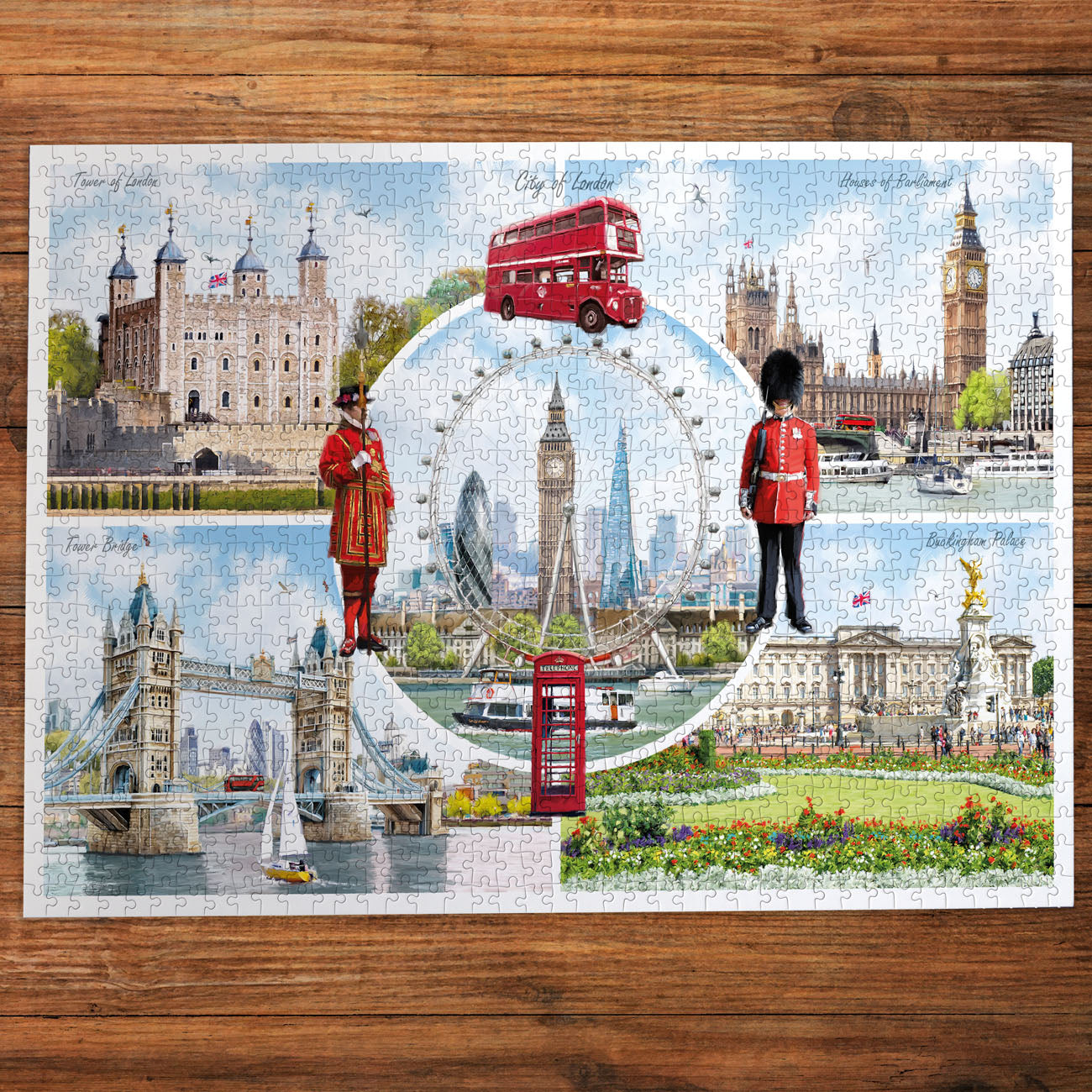 Jigsaw puzzle with London-themed images on a wooden surface