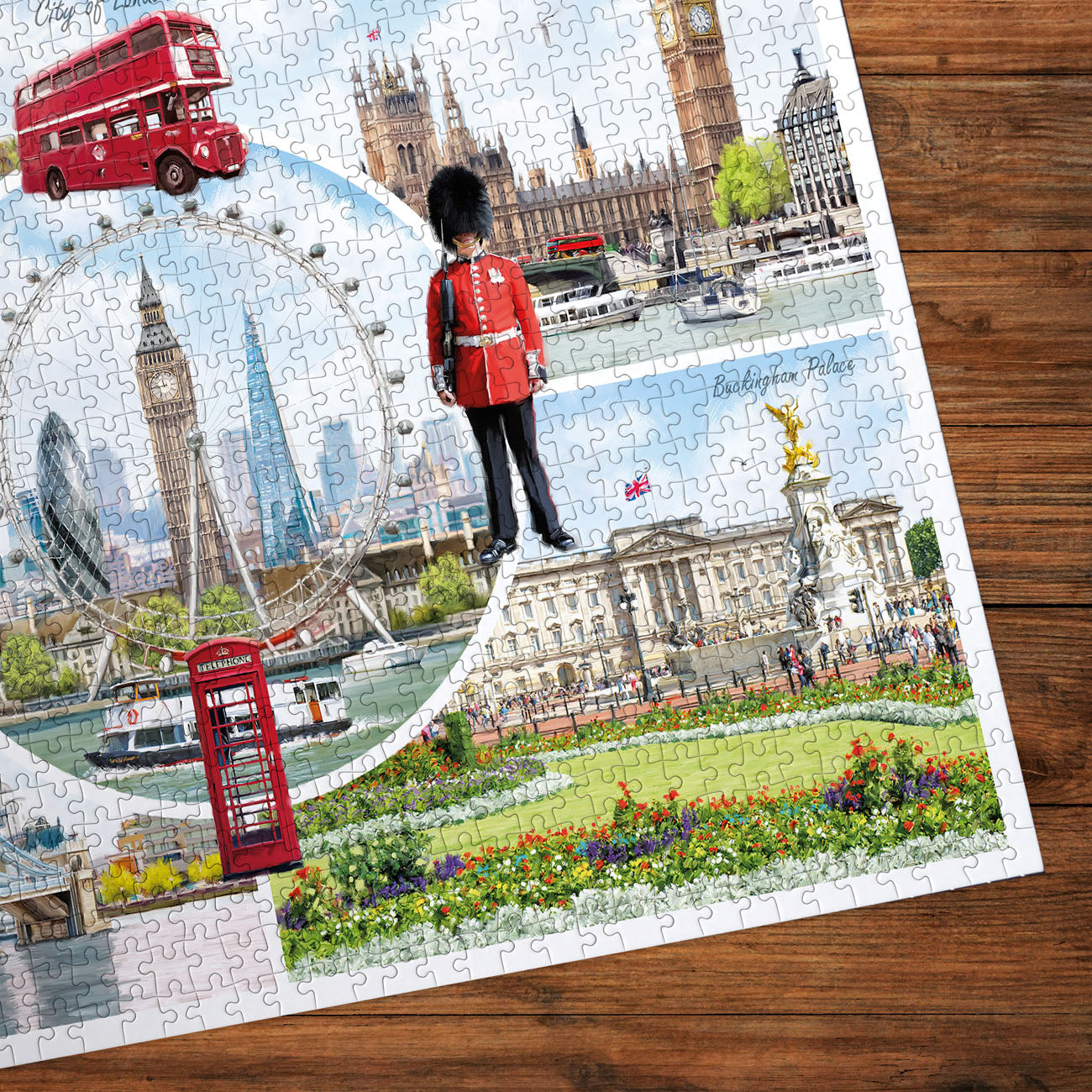 Jigsaw puzzle with London-themed pieces on a wooden surface