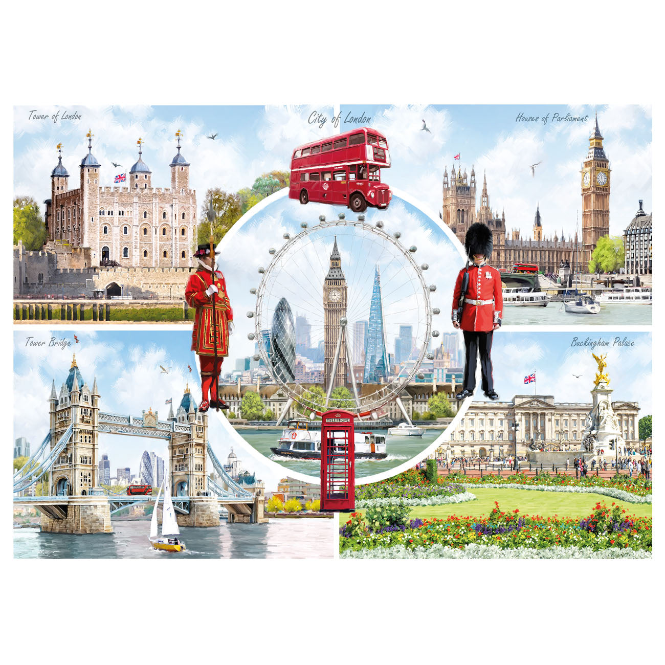 Collage of London landmarks including the Tower of London, Big Ben, and the London Eye.