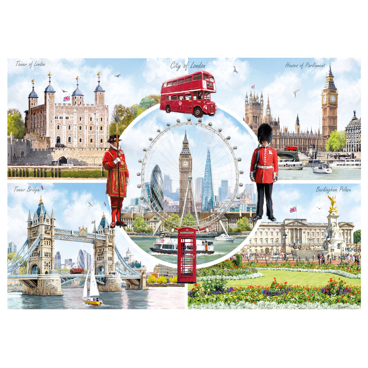 Collage of London landmarks including the Tower of London, Big Ben, and the London Eye.