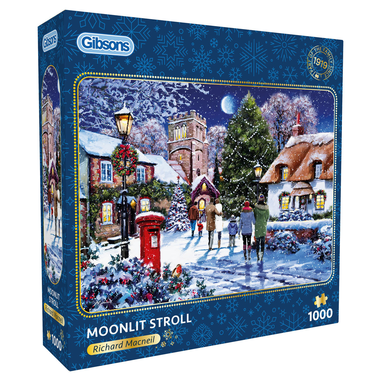 Gibsons Moonlit Stroll puzzle box with a winter scene on the cover