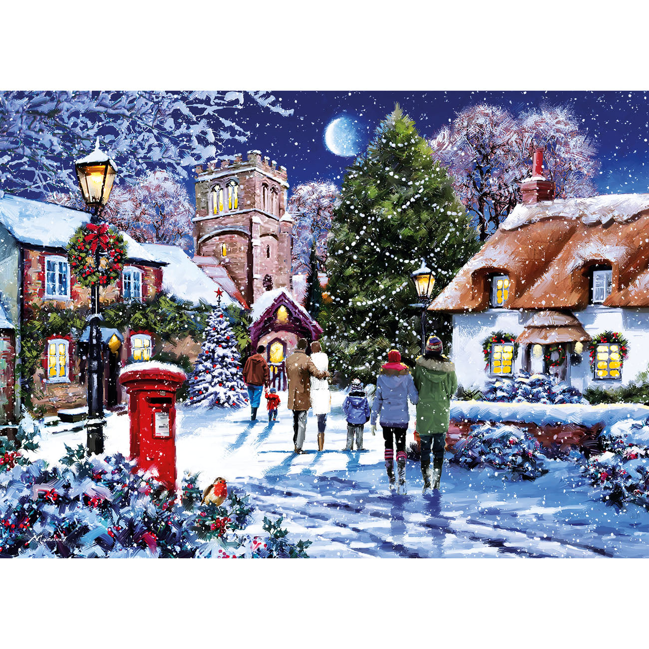Winter village scene with people walking, decorated houses, and a church.