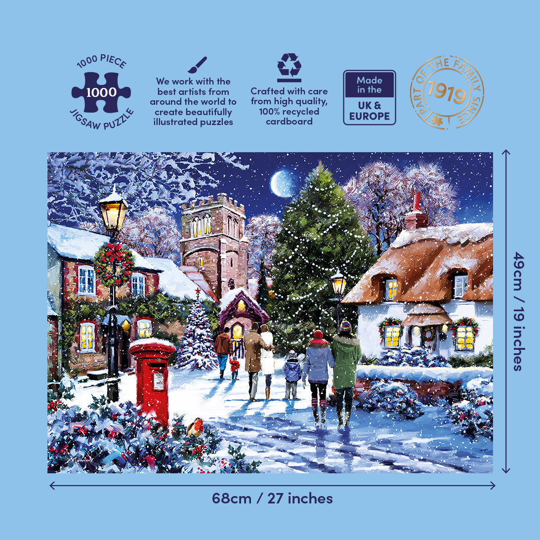 A 1000-piece jigsaw puzzle box featuring a snowy village scene at night with people walking, glowing windows, a red post box, lampposts, and a moonlit sky. The box is shown on a light blue background with dimensions 68cm x 49cm and product feature icons at the top.