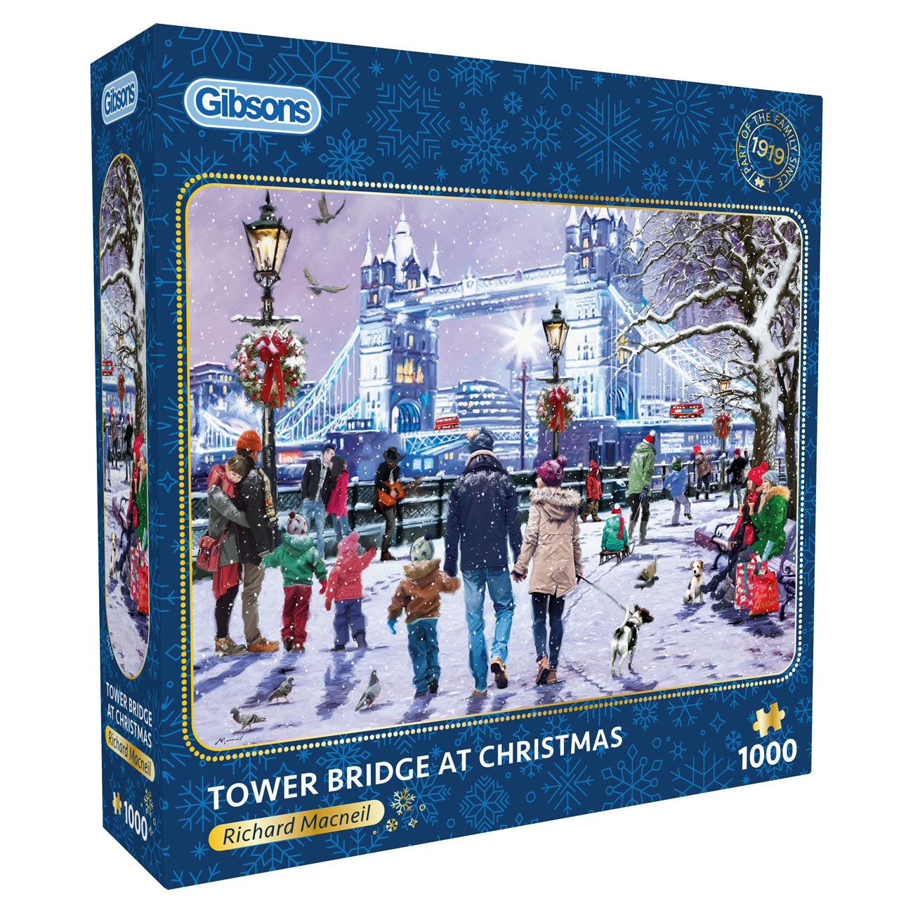 Gibsons puzzle box featuring Tower Bridge at Christmas with people and festive decorations.