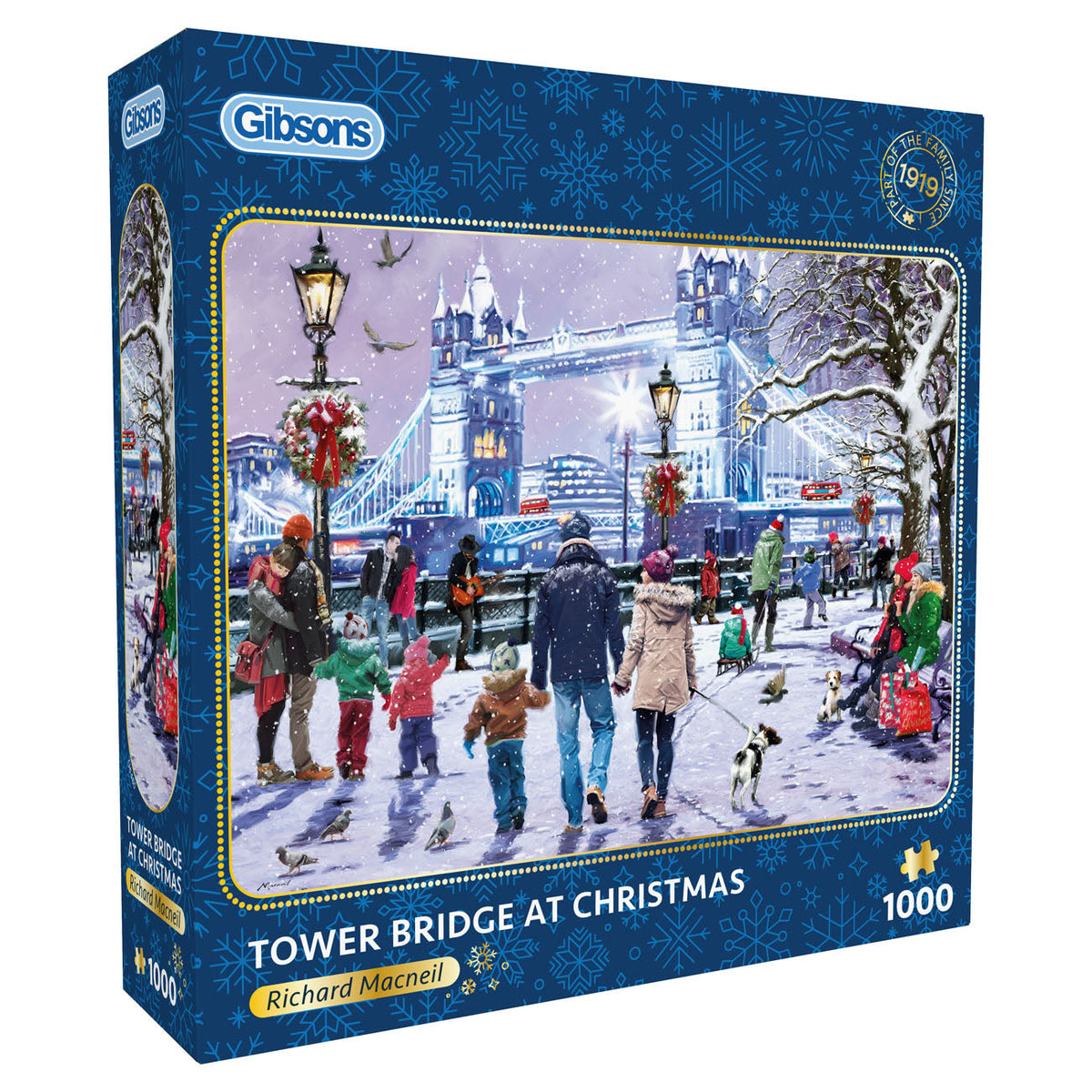 Gibsons puzzle box featuring Tower Bridge at Christmas with people and festive decorations.