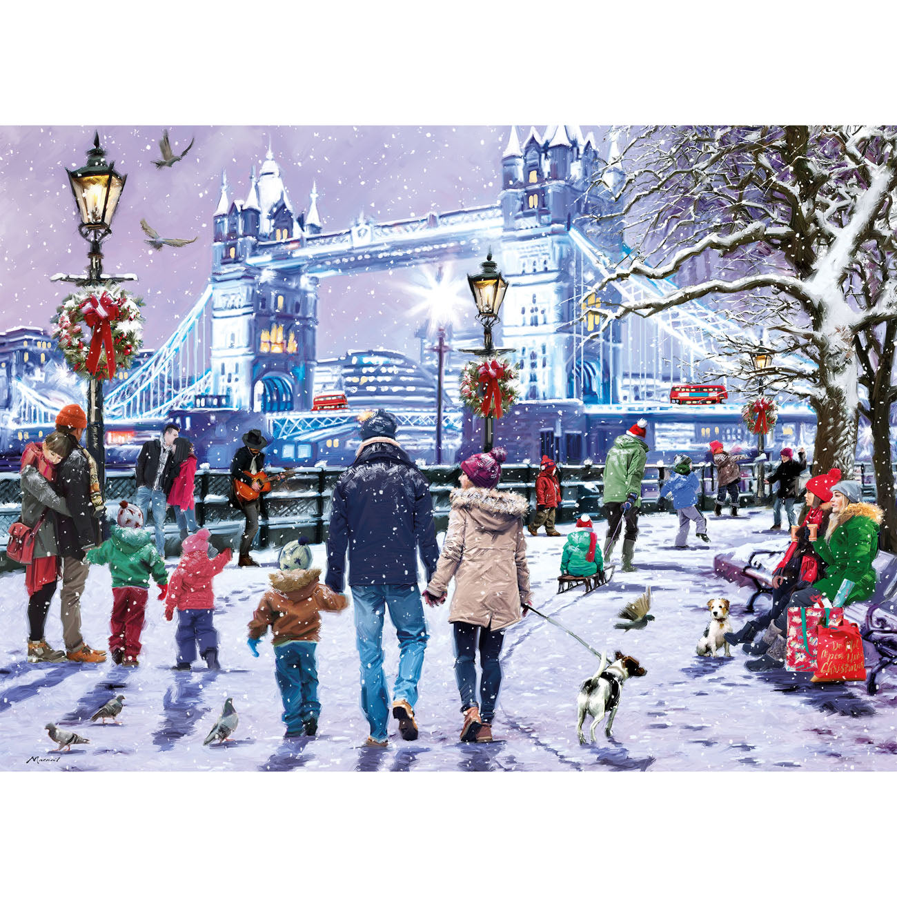 Winter scene with people and a dog near Tower Bridge in London.