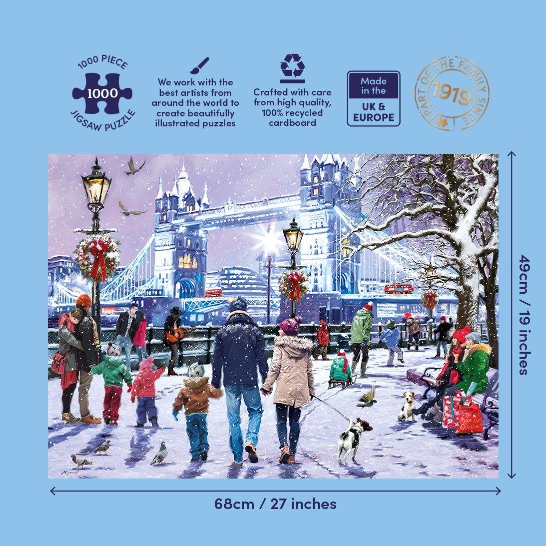 A 1000-piece jigsaw puzzle box featuring a winter city scene with people walking in the snow in front of a bridge. The box is light blue with product details, dimensions (68cm / 27 inches width and 49cm / 19 inches height), and quality icons.