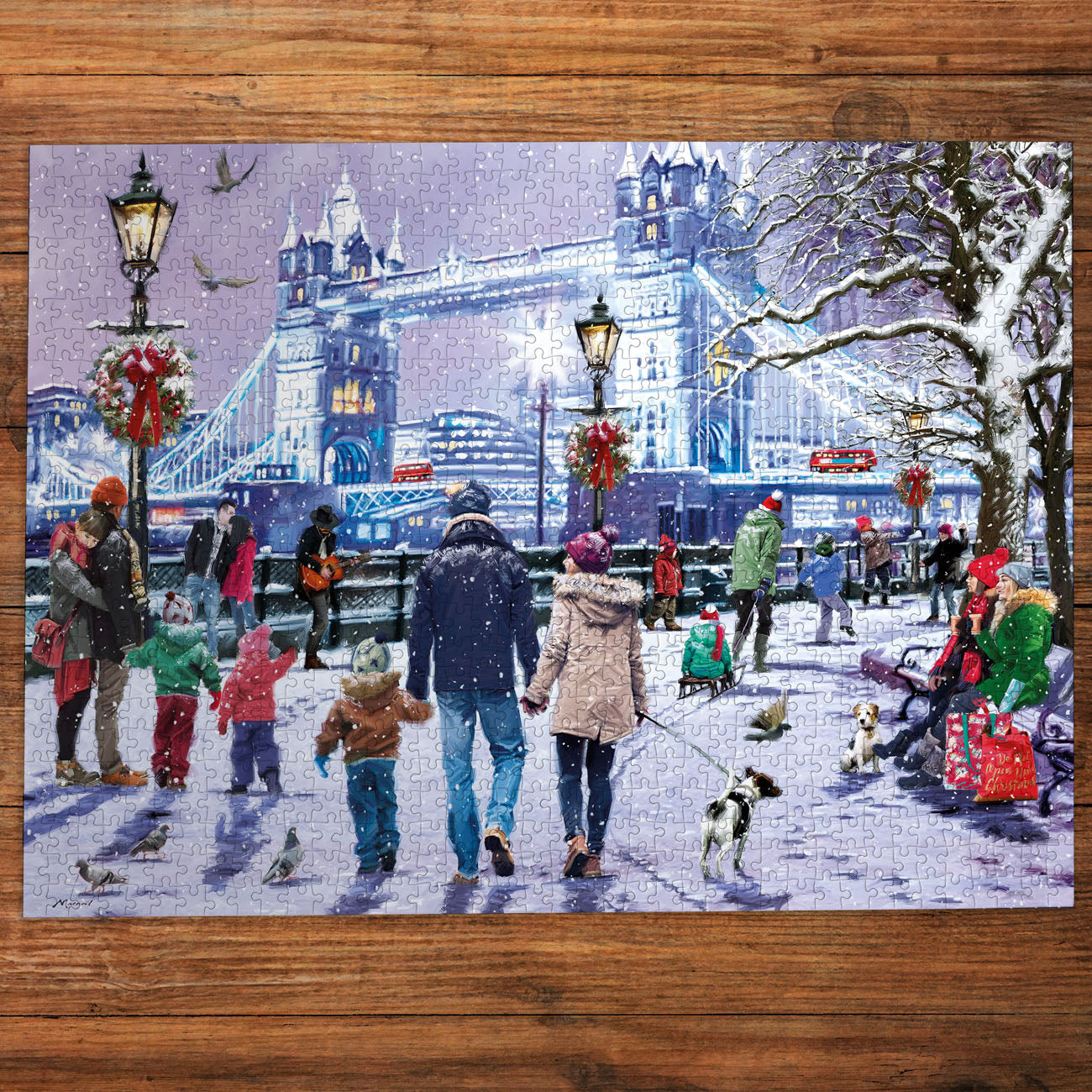 Jigsaw puzzle with a snowy scene of people and a dog near Tower Bridge.