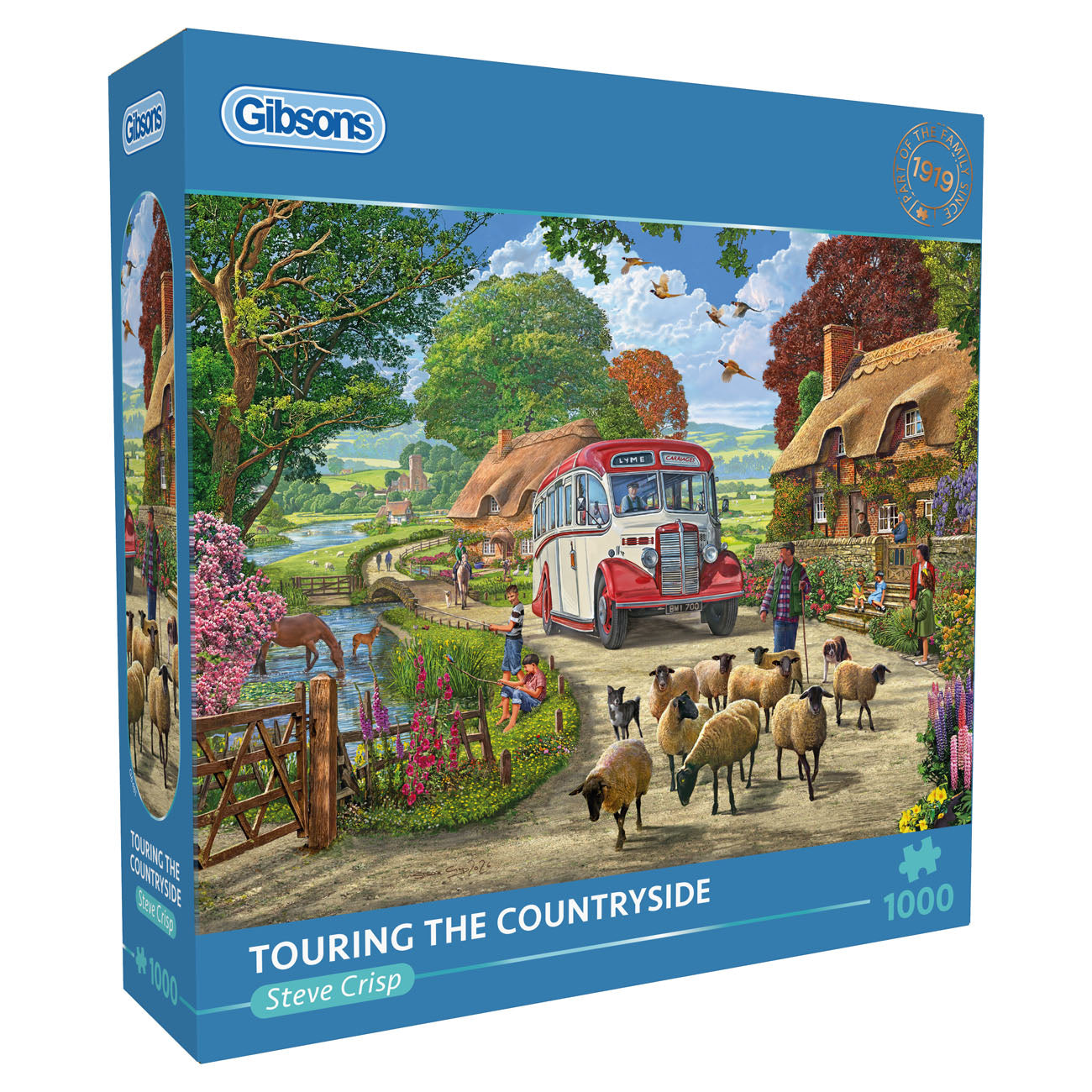 Gibsons puzzle box titled 'Touring the Countryside' with a scenic illustration of a bus and sheep.