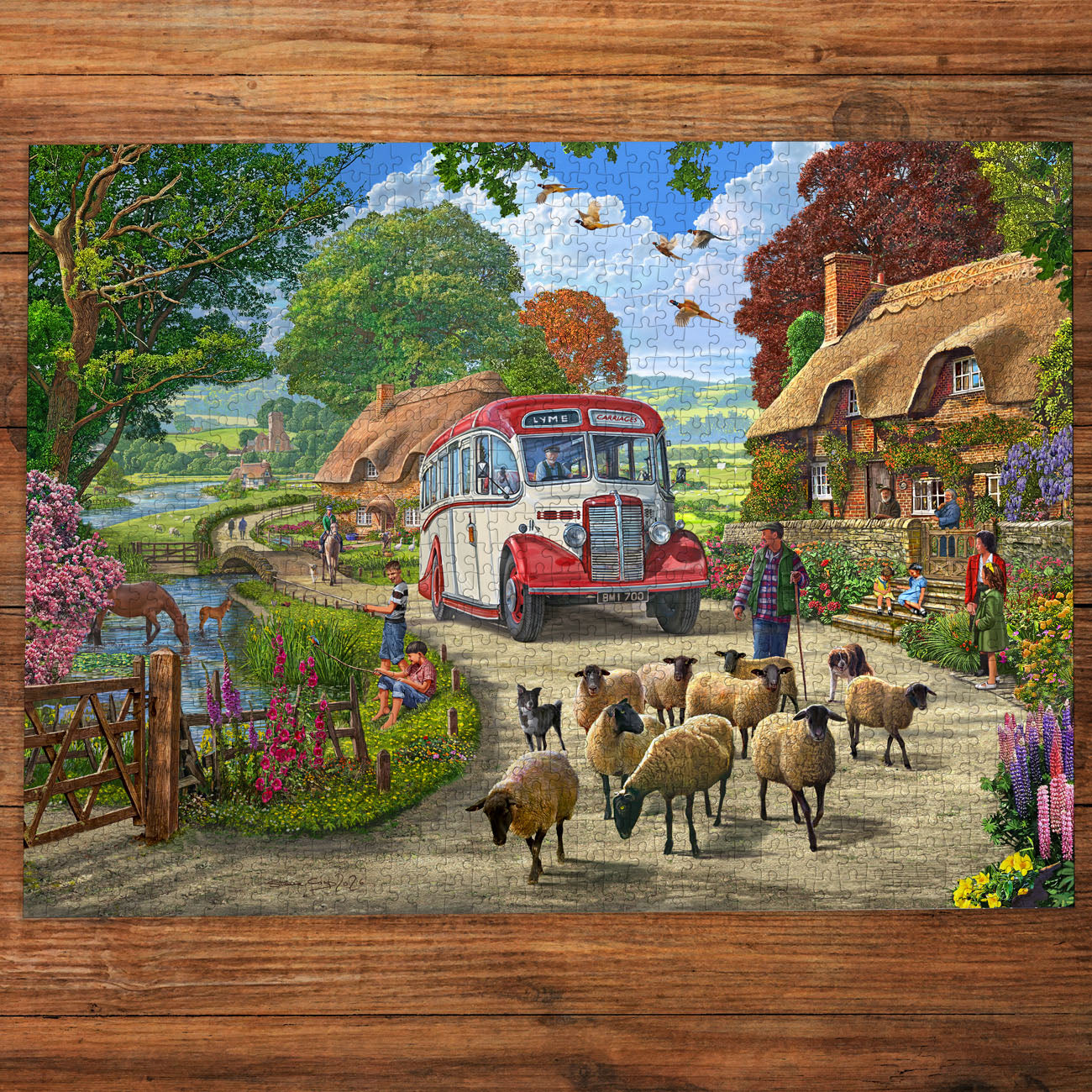 Vintage bus in a rural setting with sheep and people around beautiful jigsaw puzzle for adults