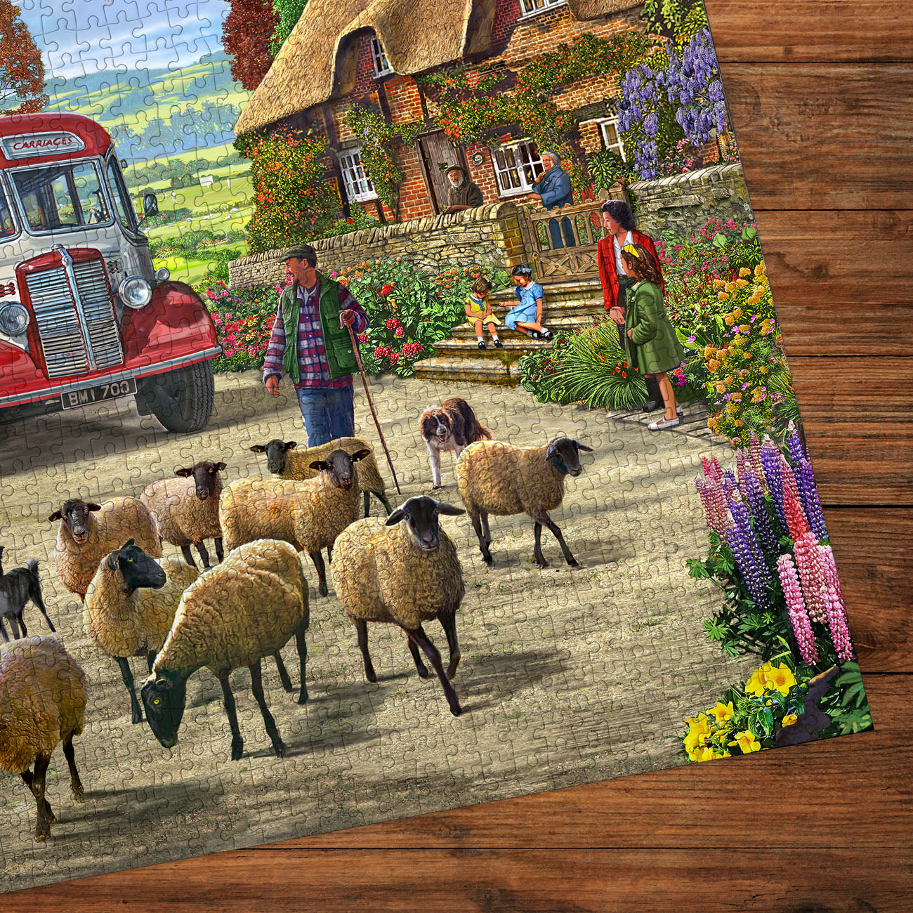 Jigsaw puzzle with a shepherd and sheep scene on a wooden surface