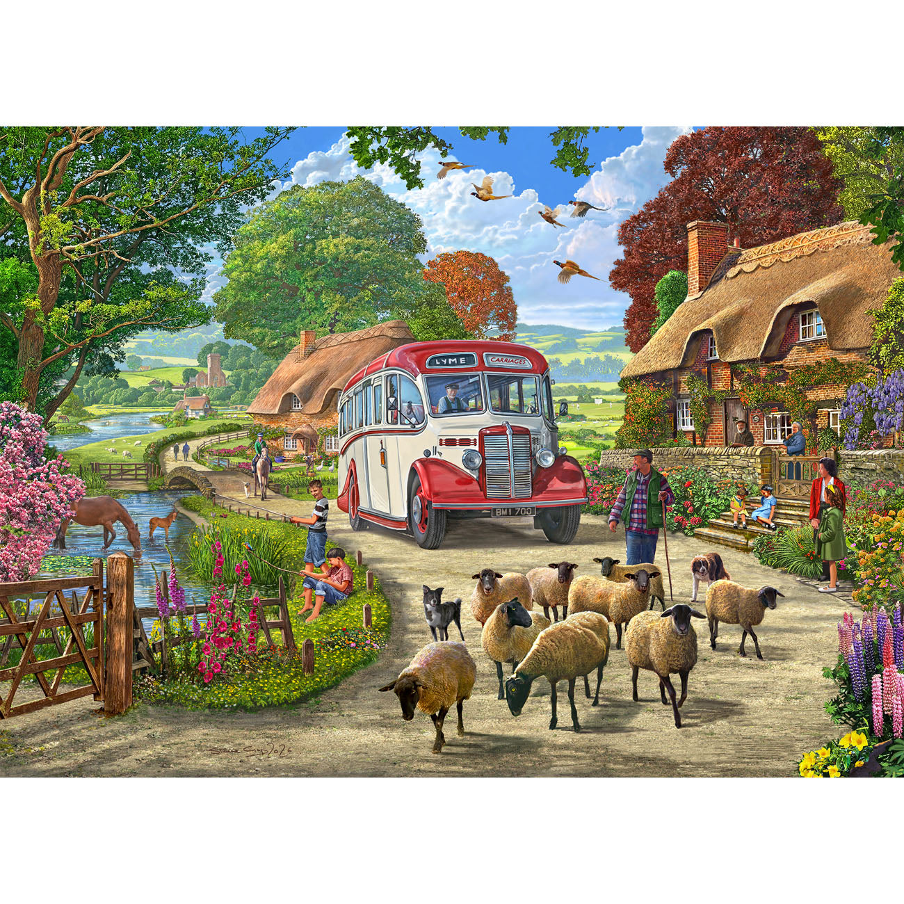 Vintage bus in a rural setting with sheep and people around