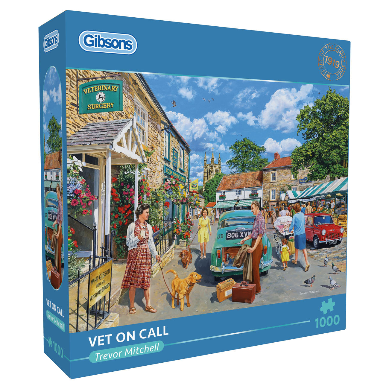 Gibsons puzzle box titled 'Vet on Call' with a colorful illustration of a town scene.