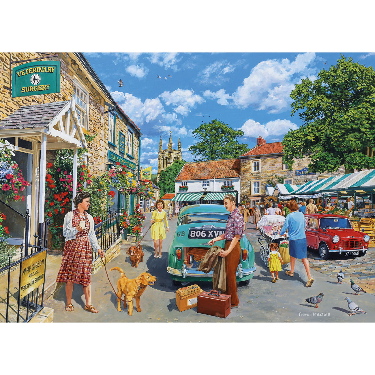 Illustration of a village street scene with people, dogs, and vintage cars.