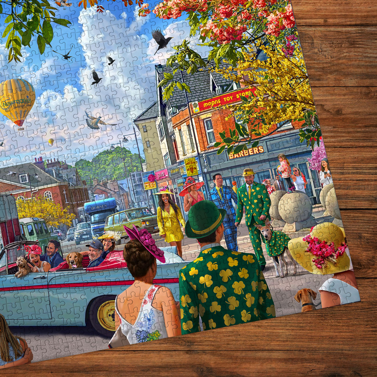 Colorful puzzle with a lively street scene featuring people, dogs, and hot air balloons.