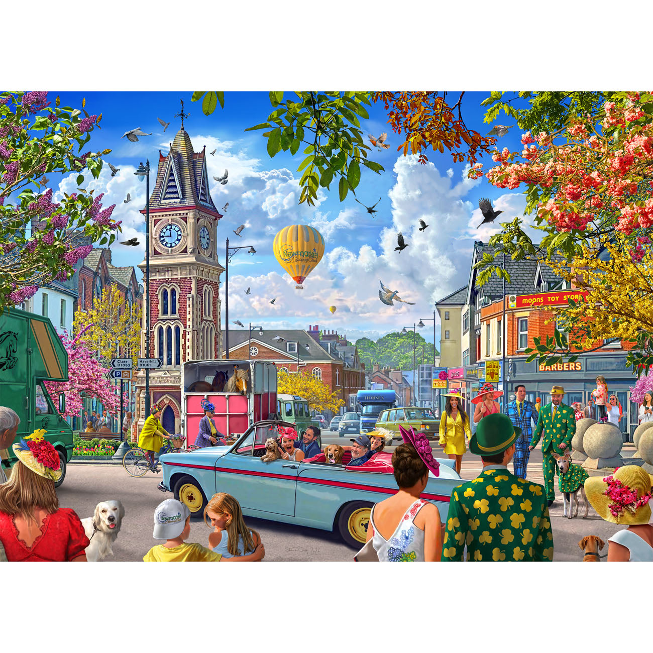 Colorful street scene with people, cars, and a clock tower under a blue sky.