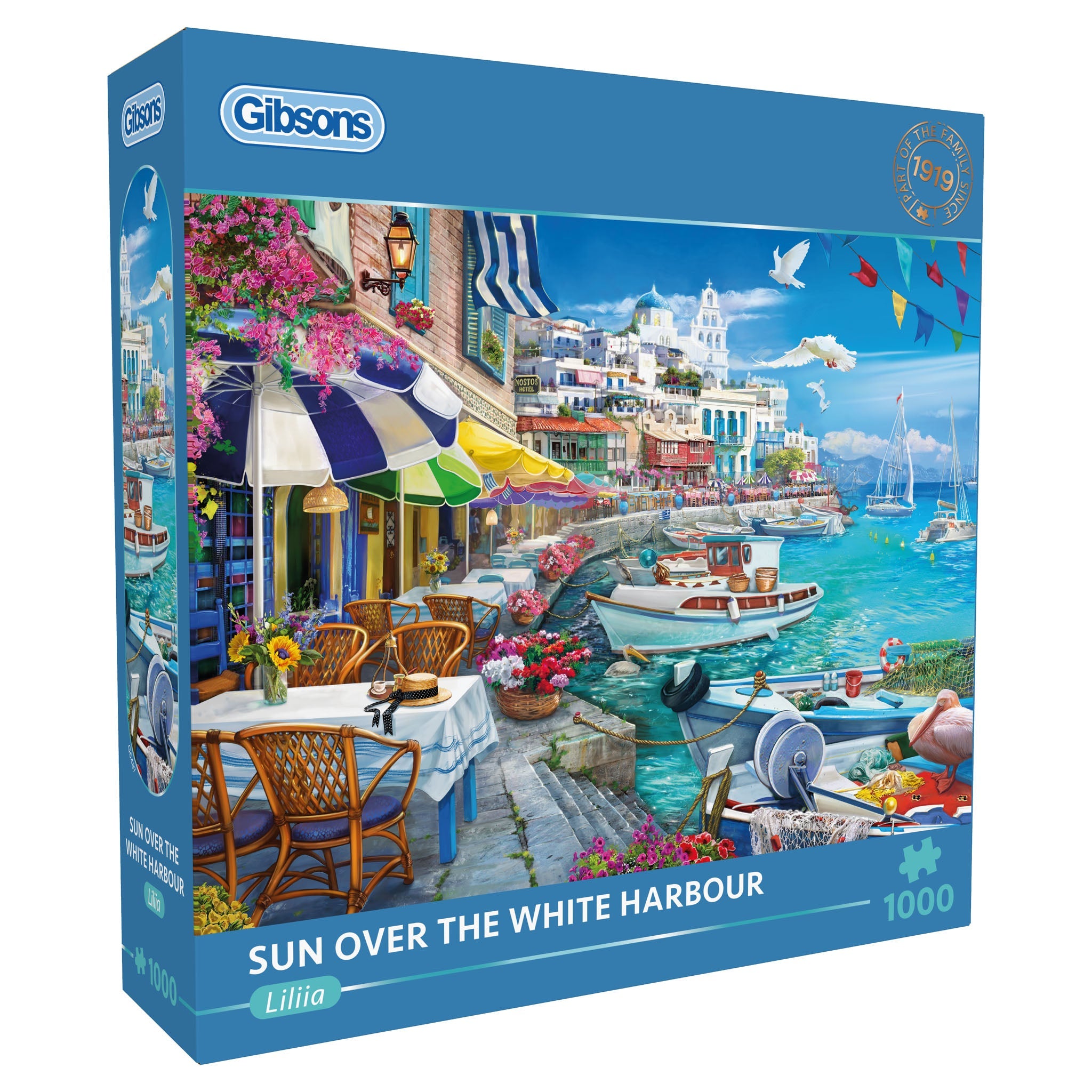Gibsons puzzle box titled 'Sun Over the White Harbour' with a scenic design.