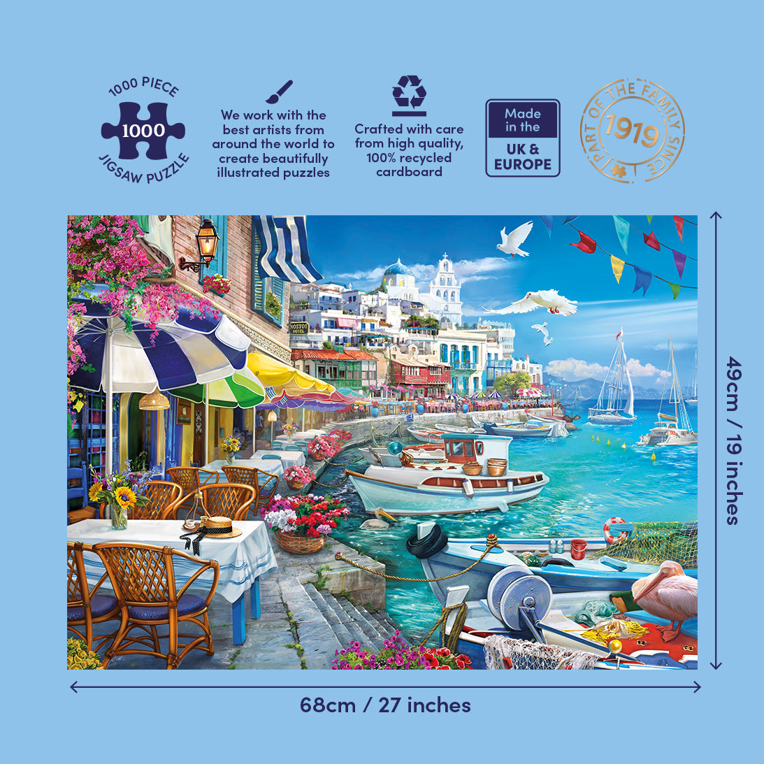 A 1000-piece jigsaw puzzle box featuring a colourful coastal harbour scene with boats, buildings, flowers, and umbrellas. The box is shown on a light blue background with size measurements of 68cm by 49cm and feature icons at the top.