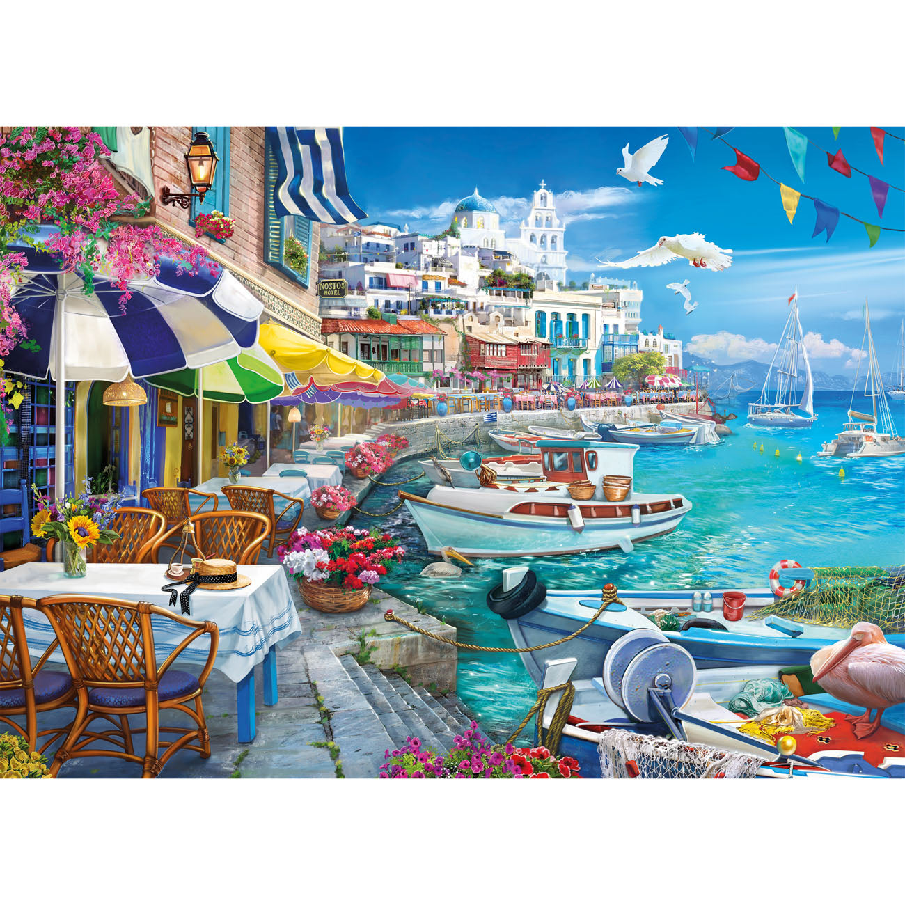 Colourful coastal scene with buildings, boats, and outdoor tables. Greece 
