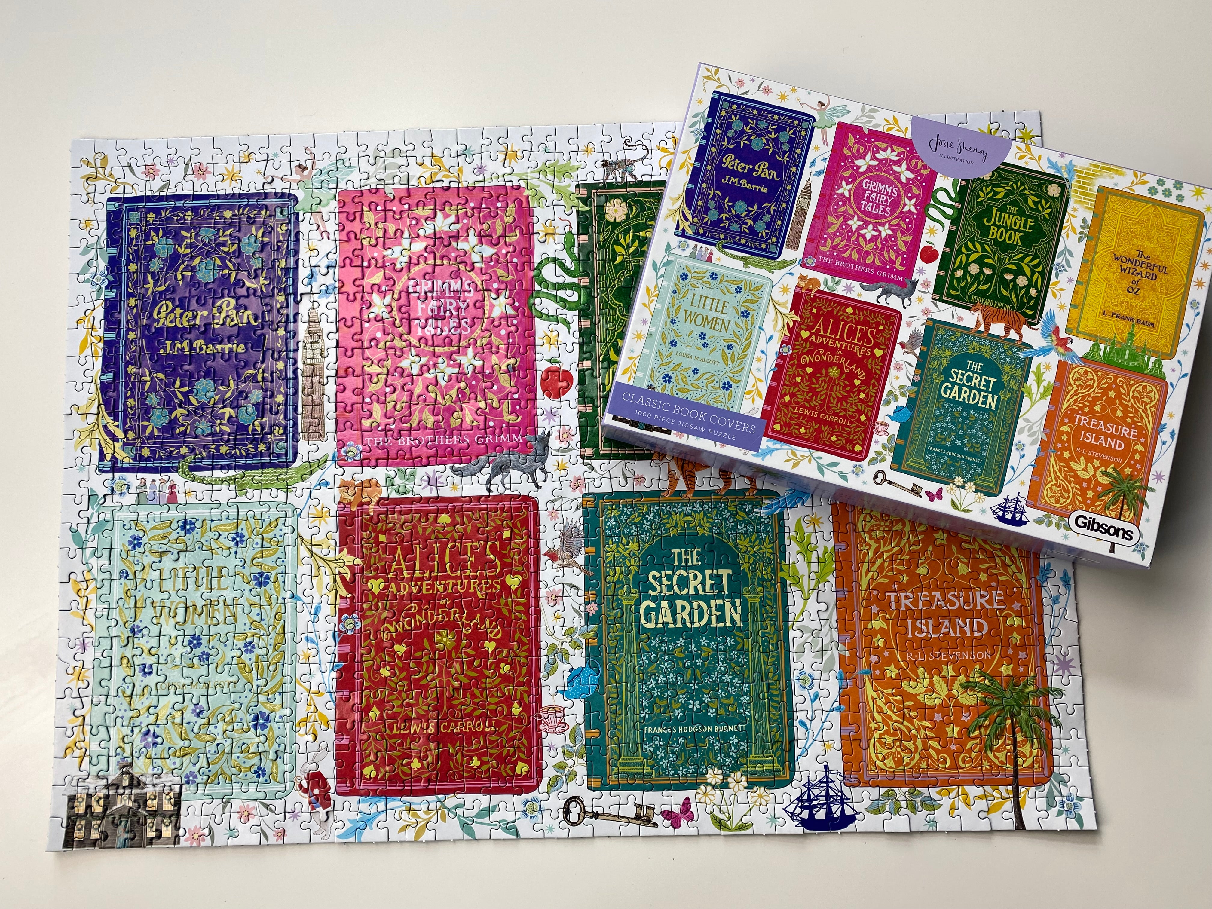 Jigsaw puzzle with book-themed pieces on a white background