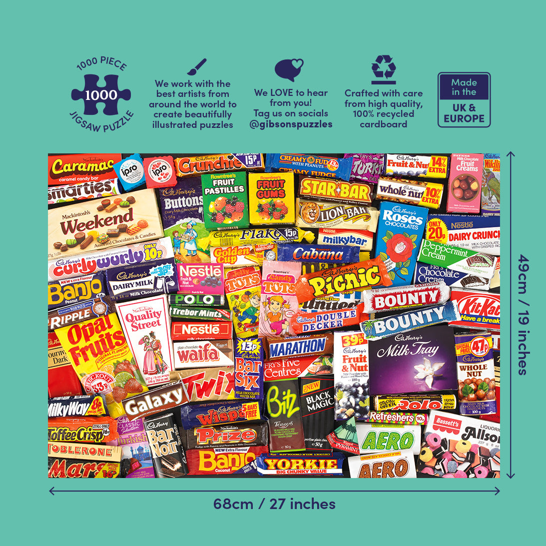 Collection of various candy packages on a green background with puzzle piece graphic and dimensions.