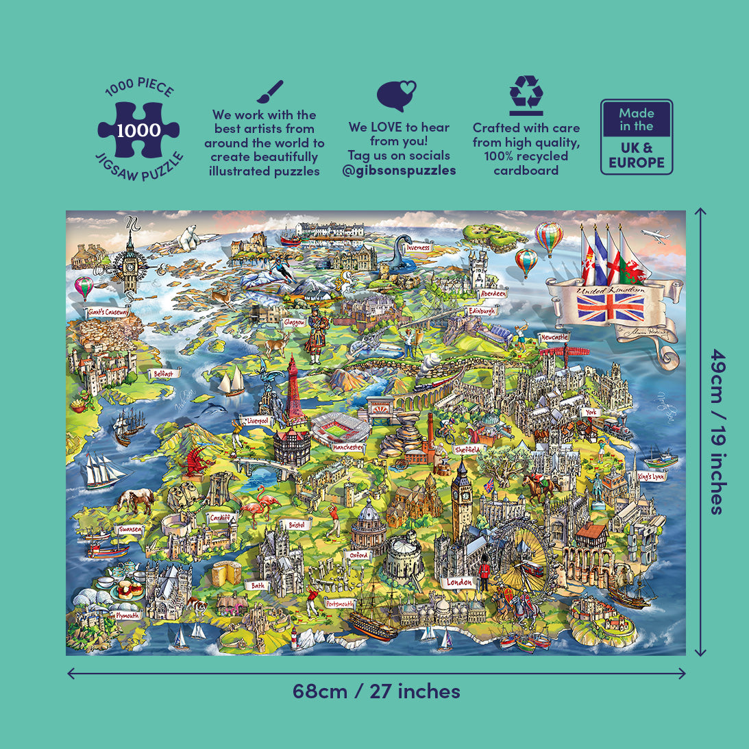 Jigsaw puzzle packaging with a colorful map design on a teal background