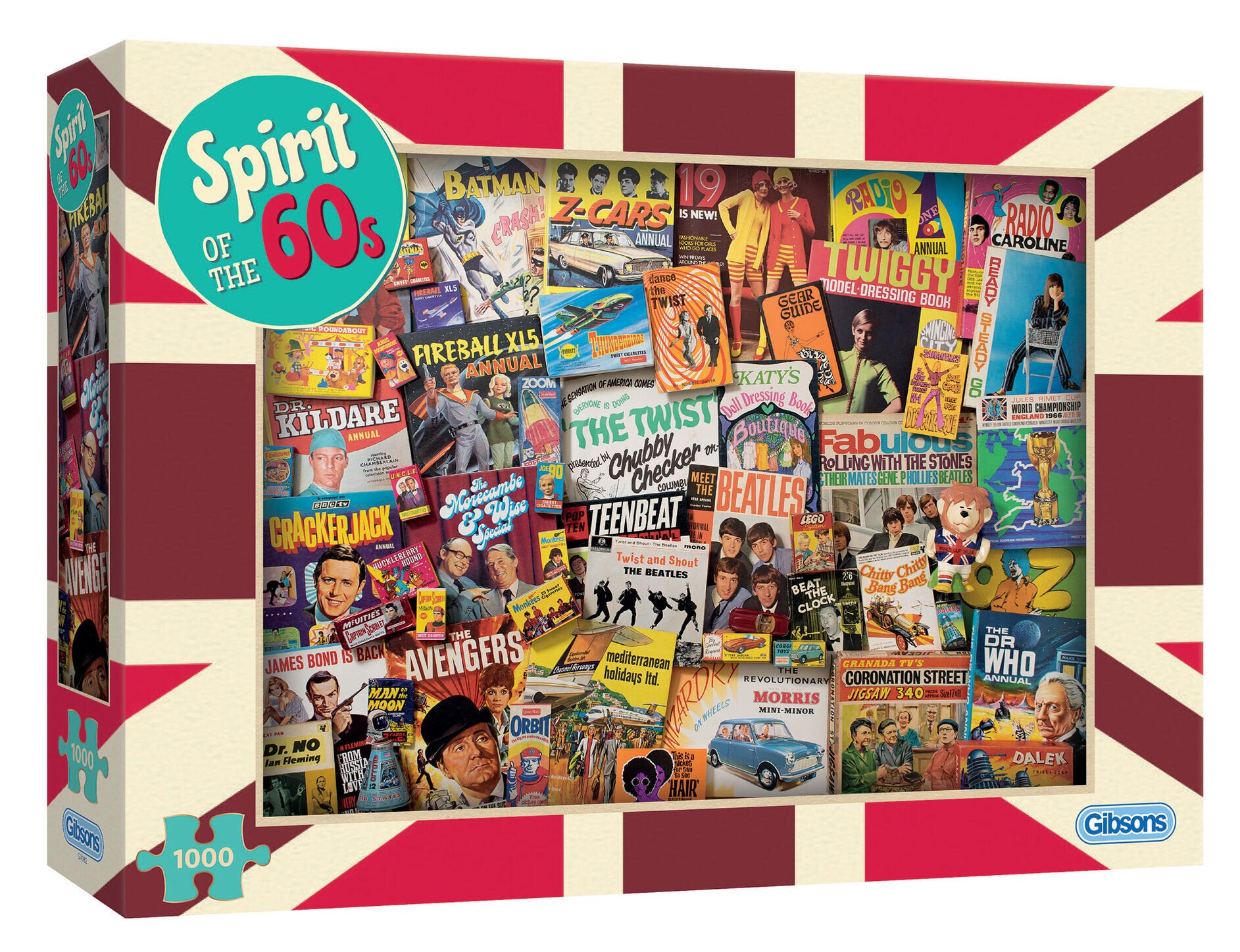 Gibsons puzzle box with 'Spirit of the 60s' theme featuring various retro images and logos