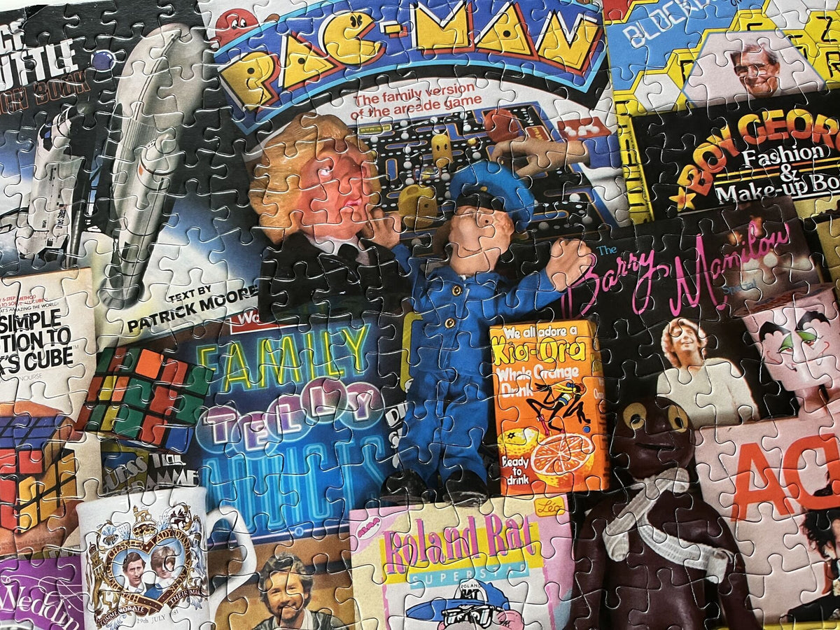 Jigsaw puzzle with various retro-themed pieces featuring characters and text.
