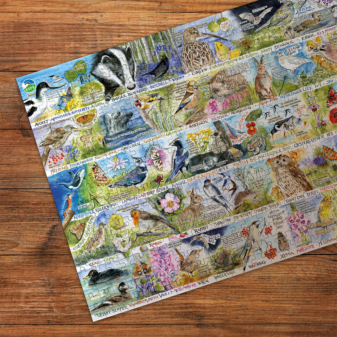 RSPB Birdsong & Bluebells 1000 Piece Jigsaw Puzzle by Gibsons cropped on wooden table