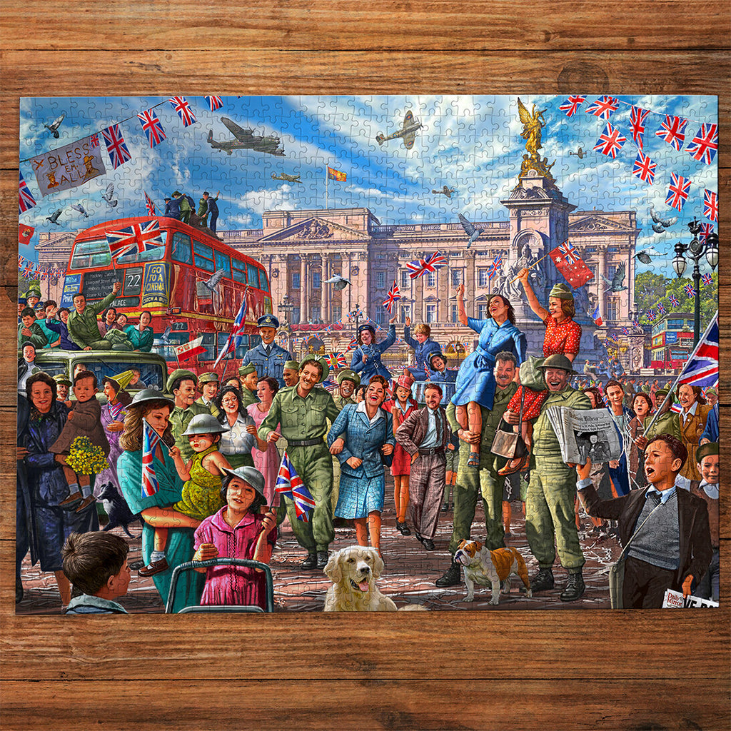 Final Days of War 1000 Piece Jigsaw Puzzle by Gibsons made up on wooden table