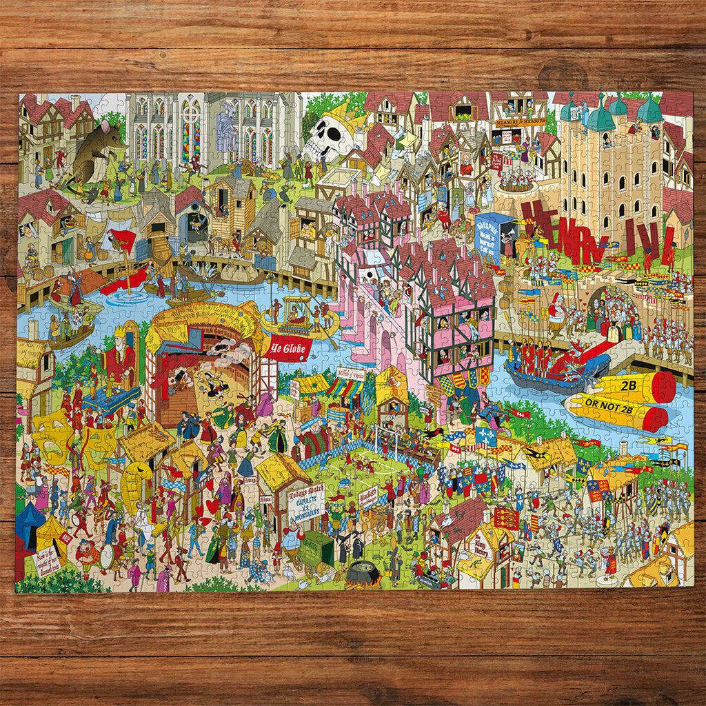 Jokesaws Shakespeare Shake-up 1000 Piece Jigsaw Puzzle by Gibsons made up on wooden table