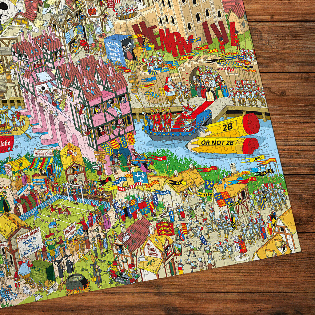 Jokesaws Shakespeare Shake-up 1000 Piece Jigsaw Puzzle by Gibsons made up detail on wooden table