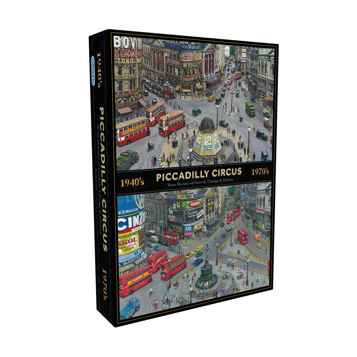 Gibsons Piccadilly Then and Now 1000 Piece Jigsaw Puzzle in special black retail box side view