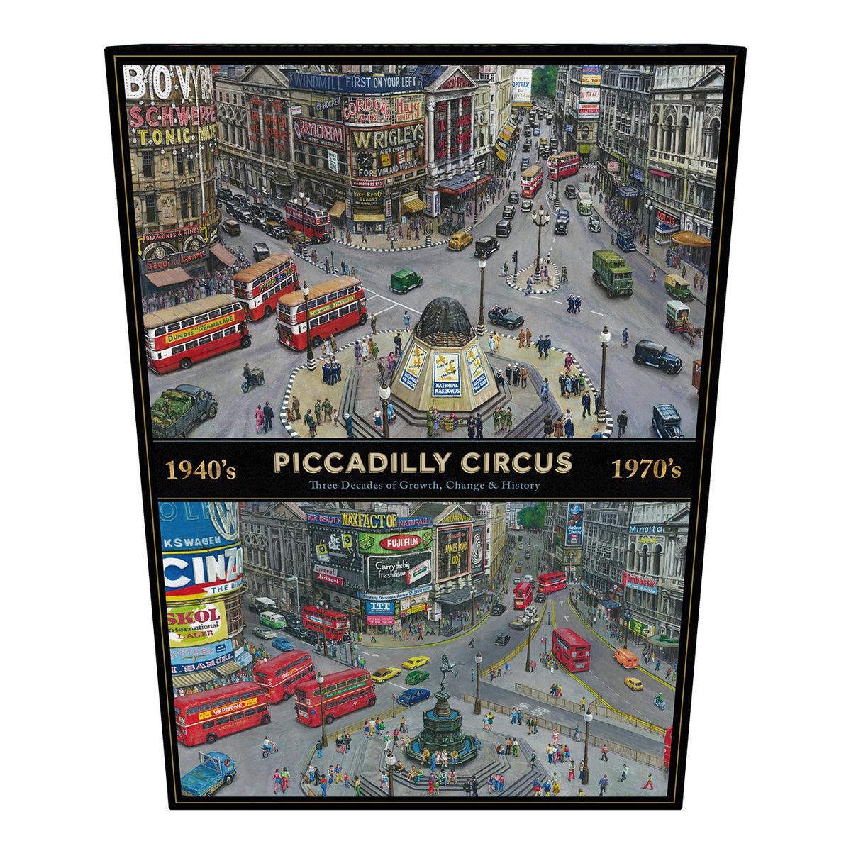 Gibsons Piccadilly Then and Now 1000 piece jigsaw puzzle in special black retail box front view