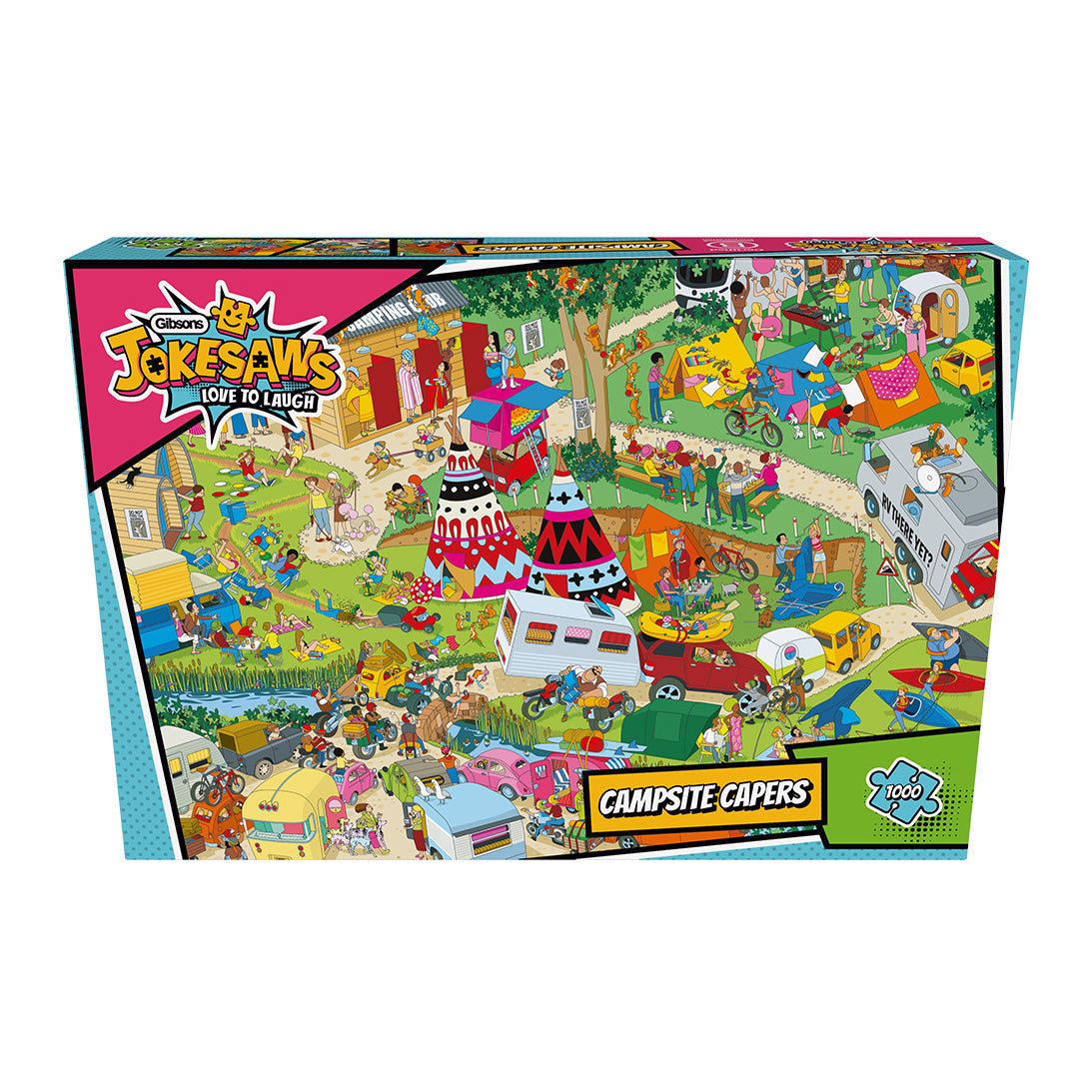 Jokesaws Campsite Capers 1000 Piece Jigsaw Puzzle by Gibsons in Special retail box front view