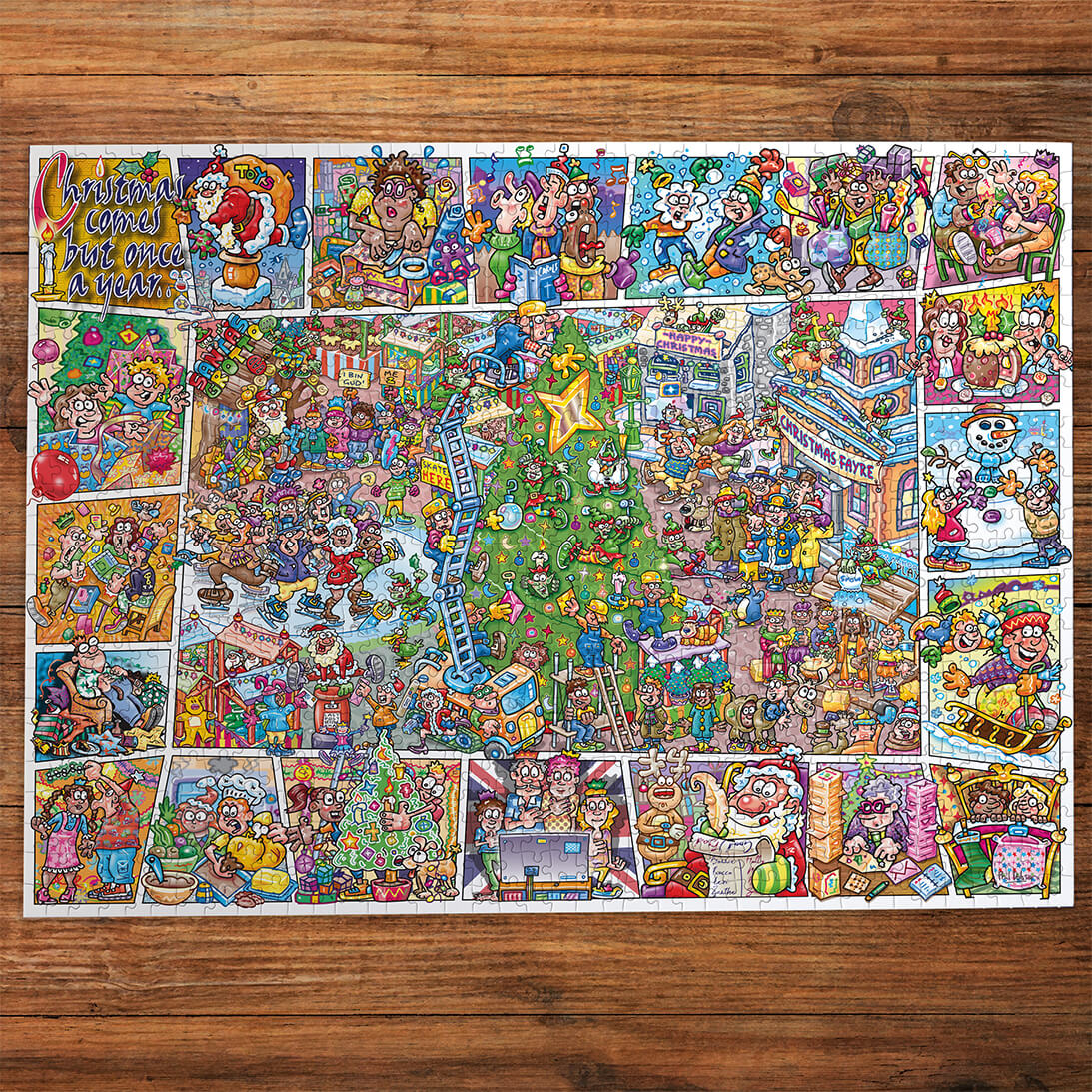 Gibsons Jokesaws Crackers for Christmas 1000 Piece Jigsaw Puzzle made up on wooden table